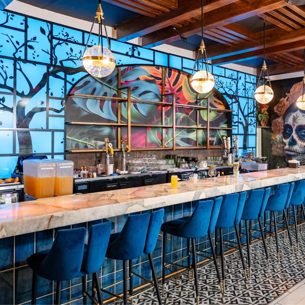 A vibrant bar with blue velvet stools, a marble counter, and colorful murals with tropical leaves and a sugar skull.